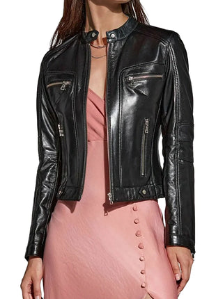 Ellen Moto Real Black Leather Womens Jacket