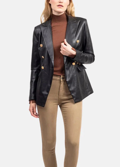 Women's Black Double Breasted Leather Coat