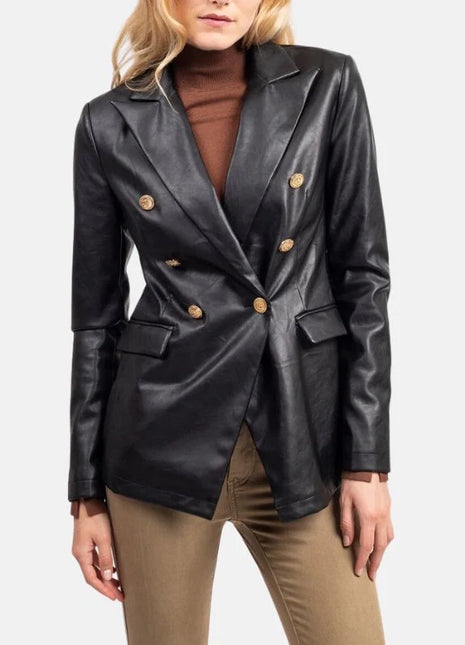 Women's Black Double Breasted Leather Coat