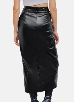 Women's Twisted Long Black Leather Skirt