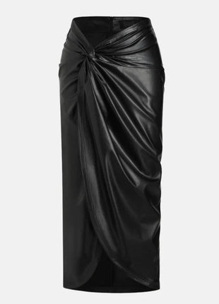 Women's Twisted Long Black Leather Skirt
