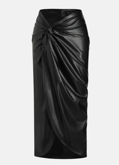 Women's Twisted Long Black Leather Skirt