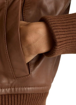 Cropped Brown Bomber Leather Jacket Women's