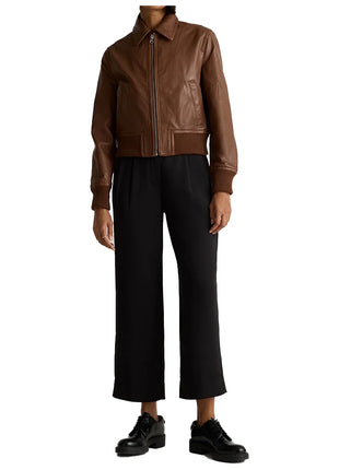 Cropped Brown Bomber Leather Jacket Women's
