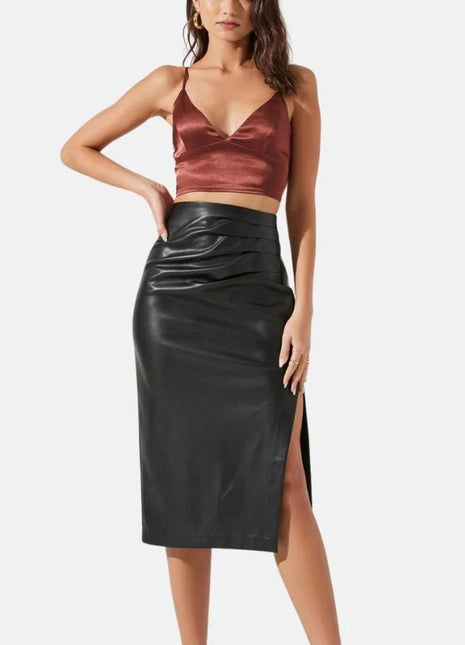 Women's Classic Black Leather Pencil Midi Skirt