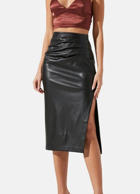 Women's Classic Black Leather Pencil Midi Skirt