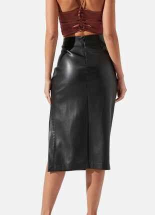 Women's Classic Black Leather Pencil Midi Skirt