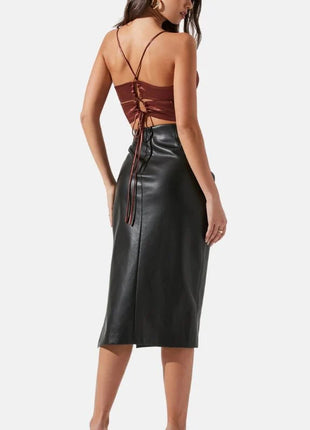 Women's Classic Black Leather Pencil Midi Skirt