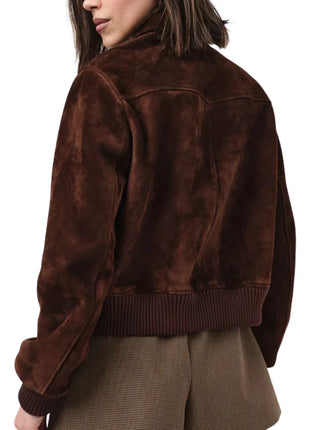 Womens Camel Lauren Brown Suede Bomber Jacket