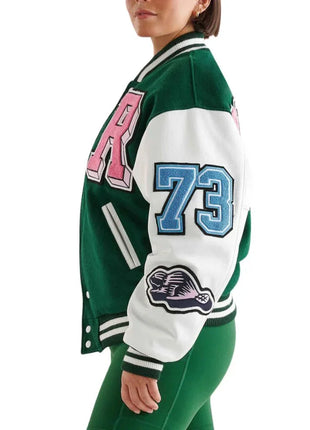 Womens Green and White Woo Blend Varsity Jacket