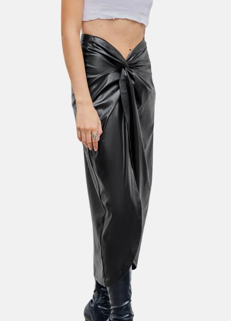 Women's Twisted Long Black Leather Skirt