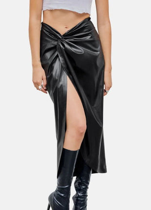 Women's Twisted Long Black Leather Skirt