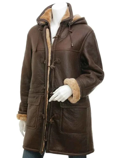 Women's Brown Sheepskin Duffle Coat With Hood