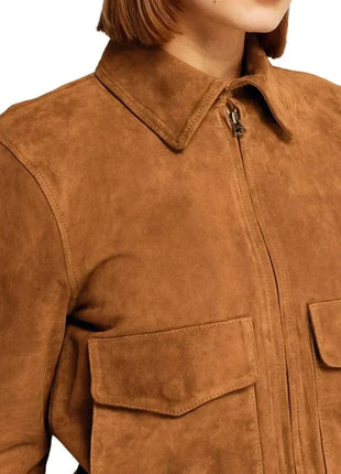 Womens Camel Lauren Brown Suede Bomber Jacket