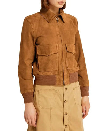 Womens Camel Lauren Brown Suede Bomber Jacket