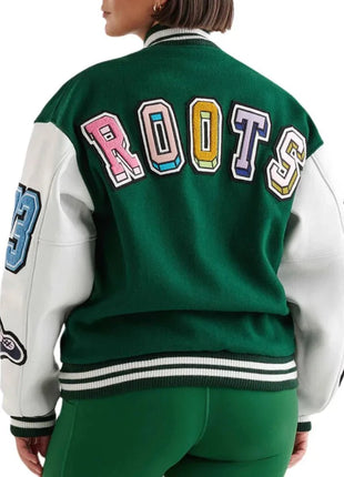 Womens Green and White Woo Blend Varsity Jacket
