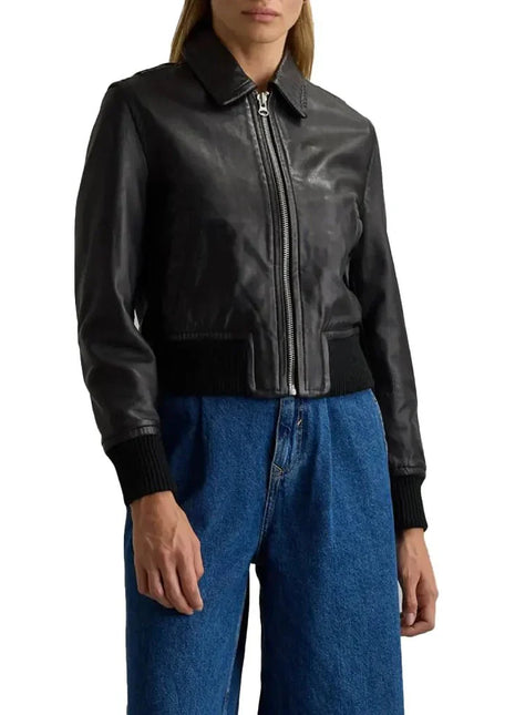 Cropped Black Leather Ladies Bomber Jacket